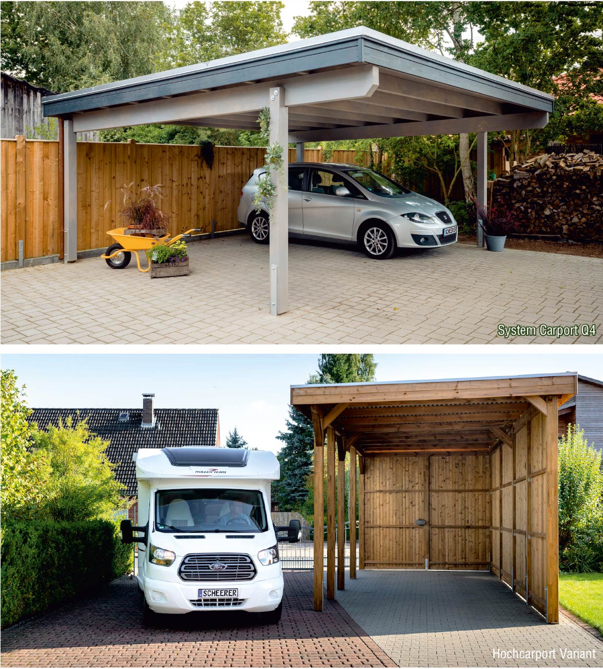 Stabile und moderne Carports aus Holz von Scheerer - System-Carport + Hochcarport für Wohnwagenbei OK Holz für Kiel Abbildung Systemcarport und Hochcarport für Wohnwagen von Scheerer