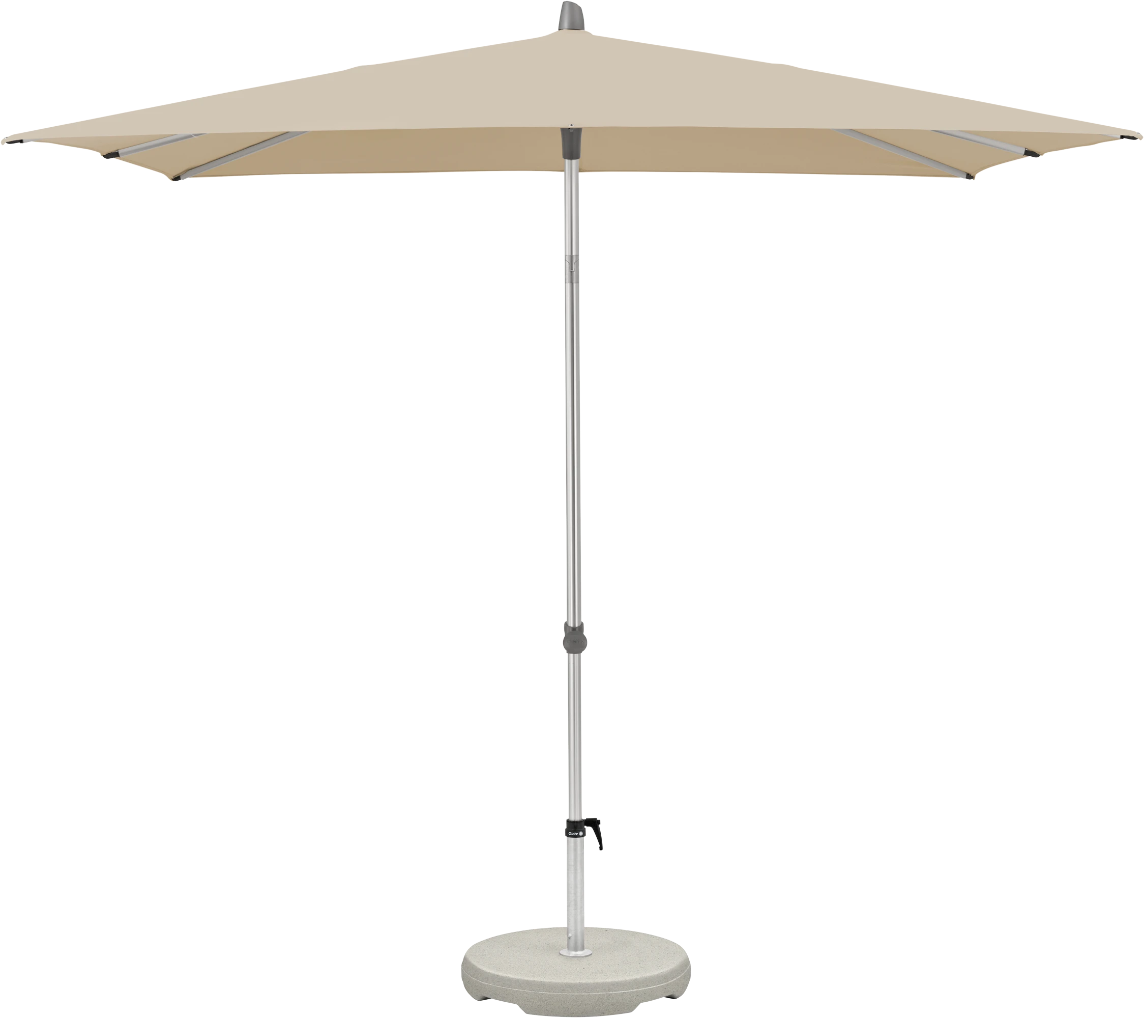 Beiger Sonnenschirm Glatz Alu Smart mit rundem Schirmdach und leichtem Aluminiumgestell für Balkon und Terrasse