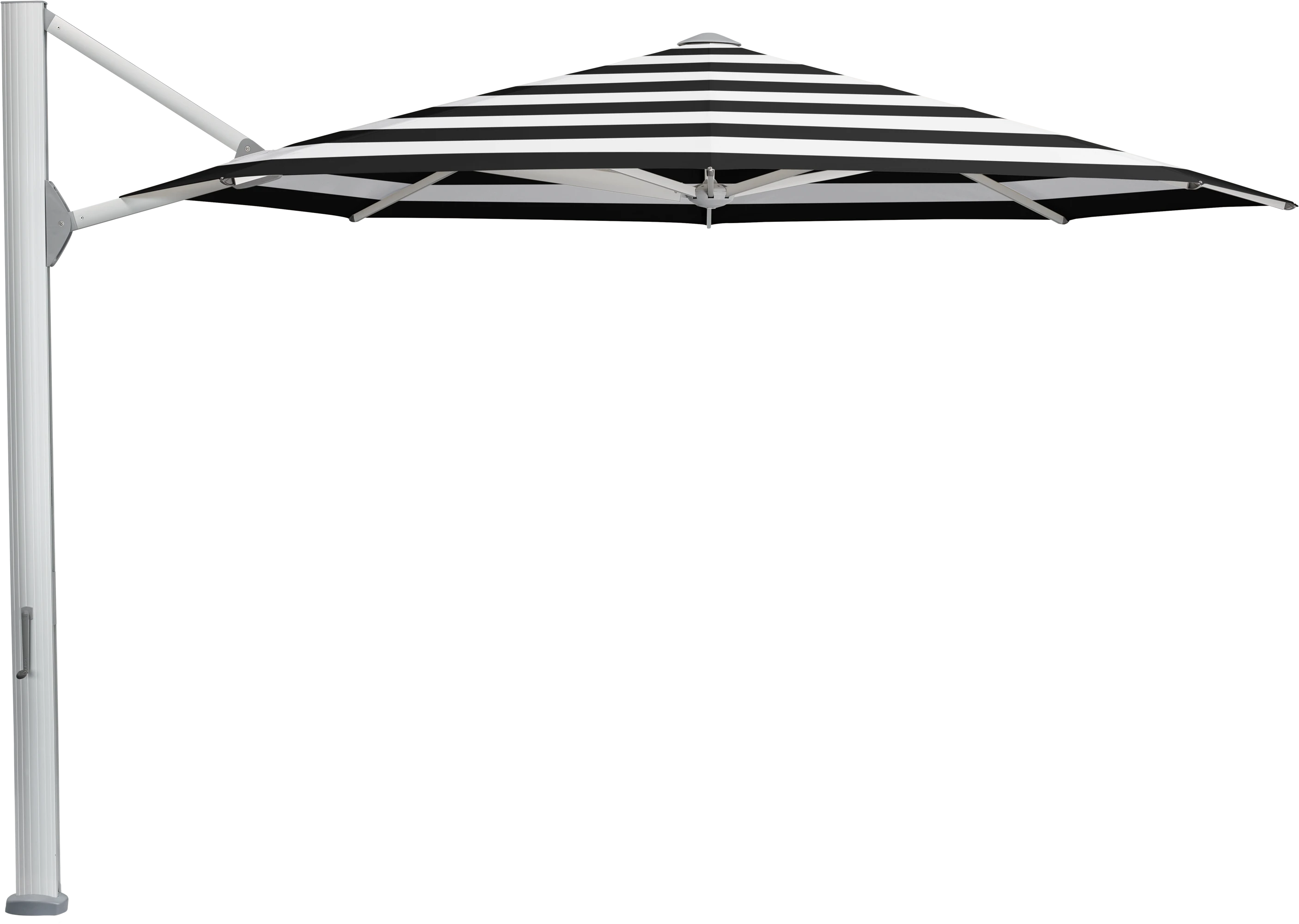 Schwarz weiß gestreifter Ampelschirm Glatz Ambiente Nova mit modernem Design und seitlicher Aufhängung