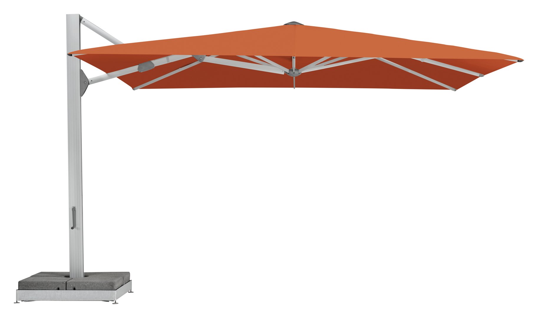 Oranger quadratischer Ampelschirm Glatz Ambiente Nova mit stabilem Standfuß und seitlichem Mast
