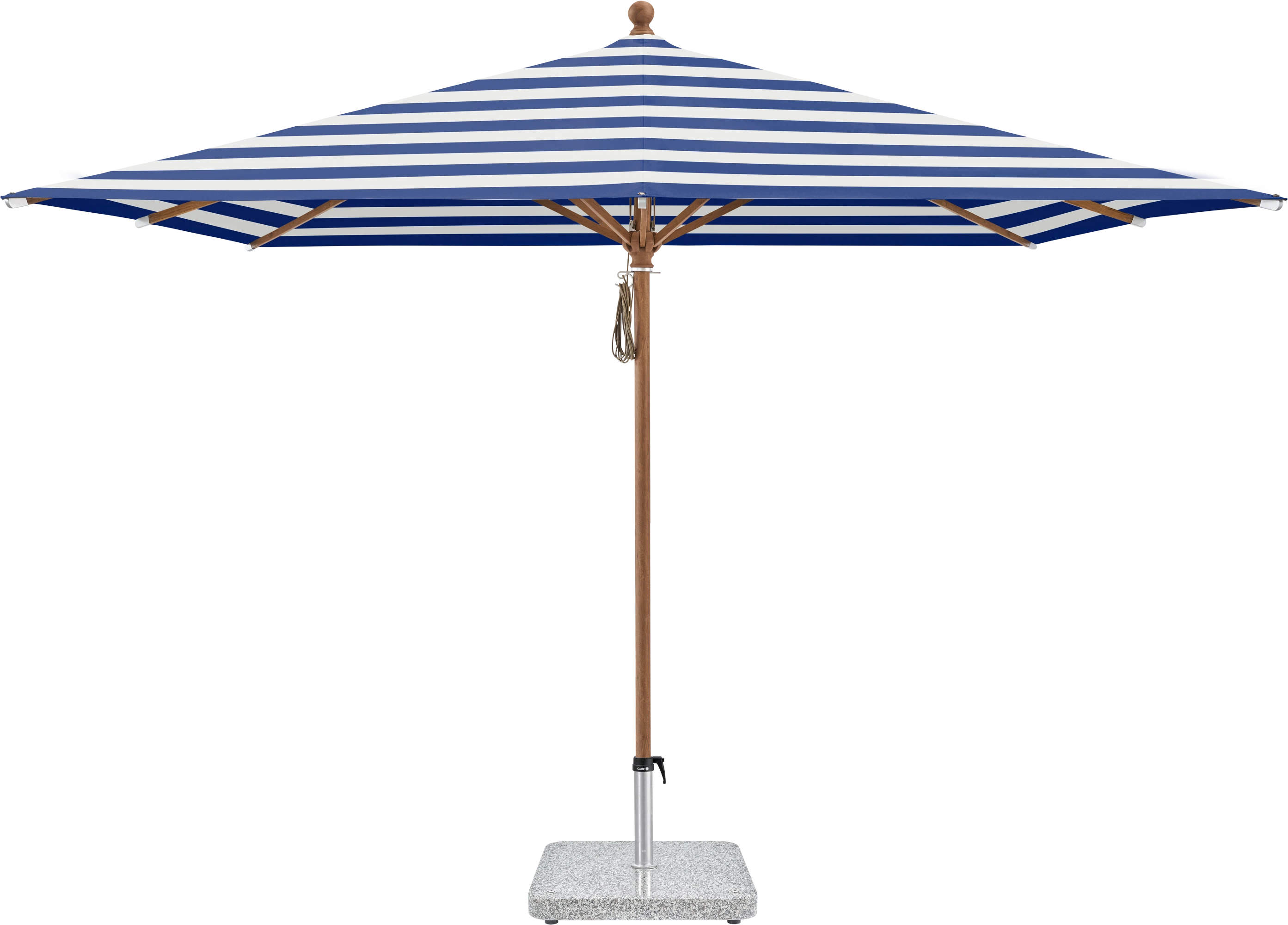 Blau weiß gestreifter Sonnenschirm Glatz Piazza mit Holzmast und quadratischer Form